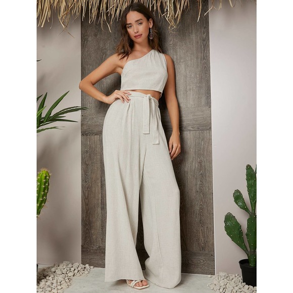 2 piece set: One Shoulder Crop Top & Palazzo Belted wide leg Pants Set black - Picture 4 of 6